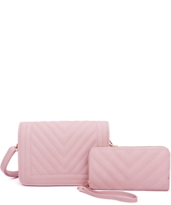 Chevron Quilted Flap 2 in 1 Crossbody Bag Set VZ366S2 PINK